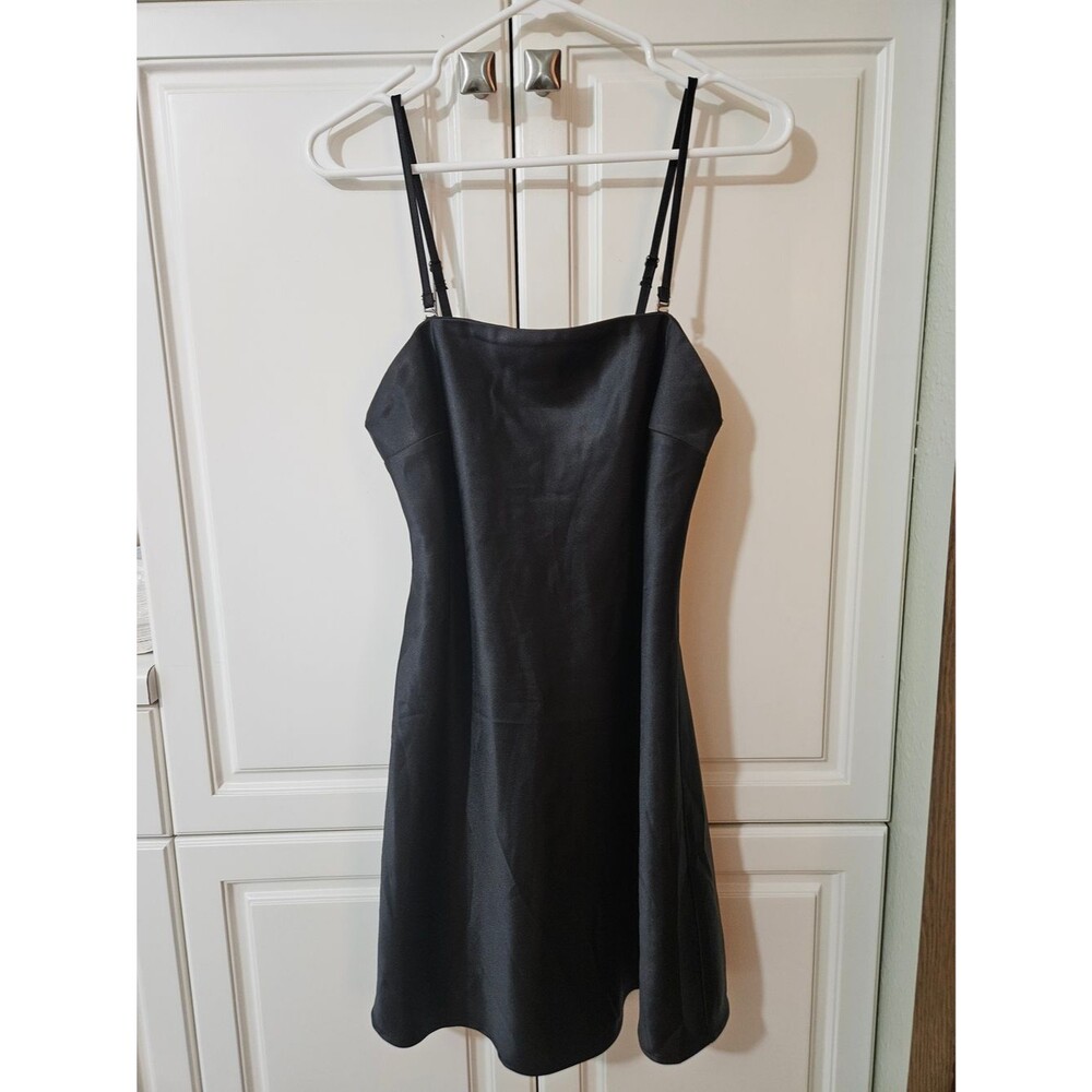Y2k 90s Alt Goth Grunge LBD Party Black Satin Cowl Back Slip Shift Mini Dress